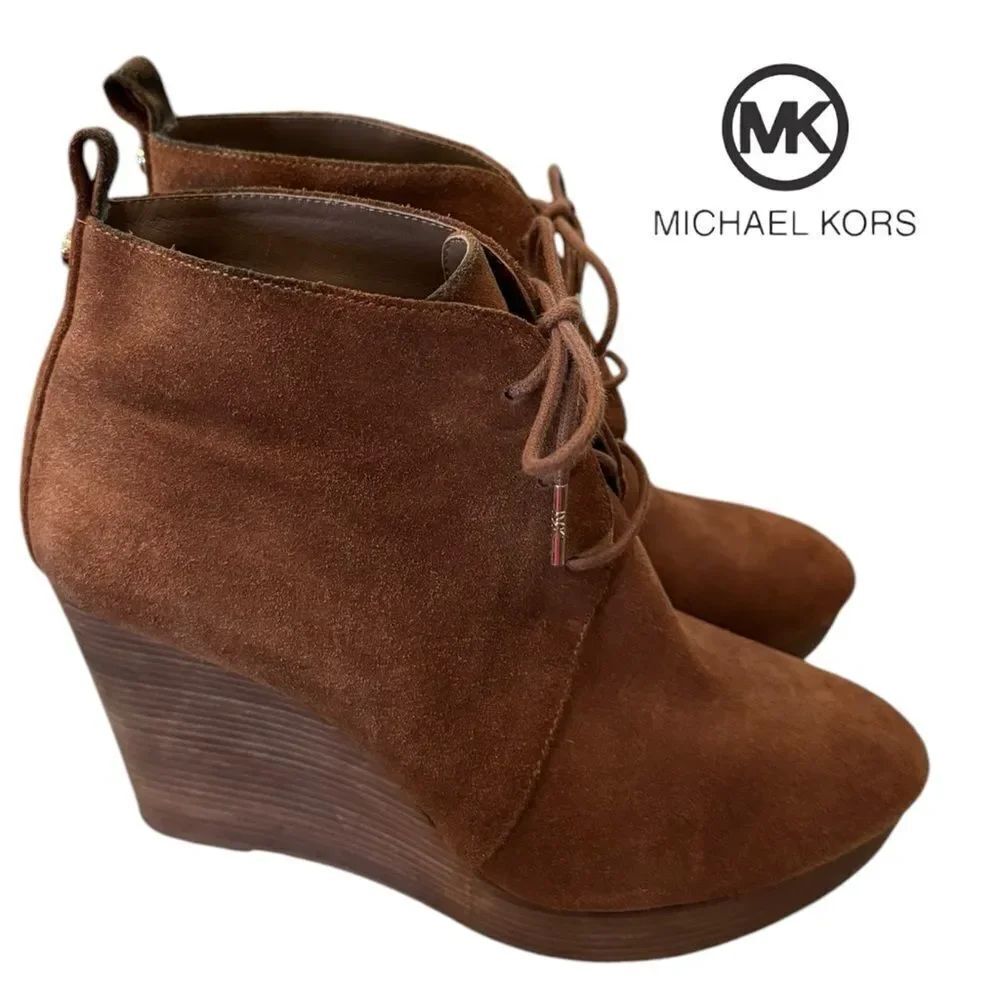 MICHAEL Michael Kors Women's Chestnut Pierce Suede Leather Wedge Ankle Boots 8.5